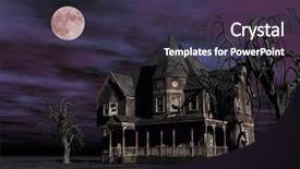  Presentation with haunted - PPT theme having rendering of a haunted house background and a tawny brown colored foreground