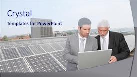  Presentation with solar panels - Slides enhanced with renewable energy - business people standing by solar background and a sky blue colored foreground