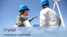  Presentation with wind energy - Cool new slide set with renewable energy - engineers looking at wind turbine backdrop and a light blue colored foreground