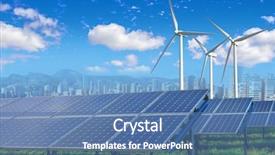  Presentation with wind energy - Beautiful presentation design featuring renewable energy - solar panels and wind turbines backdrop and a ocean colored foreground