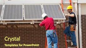  Presentation with electricians - Beautiful presentation featuring renewable energy - two electricians installing solar panels backdrop and a tawny brown colored foreground