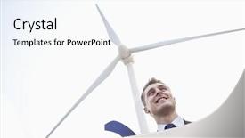  Presentation with wind energy - Colorful presentation theme enhanced with renewable energy - young smiling businessman standing beside backdrop and a white colored foreground