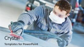  Presentation with auto - Amazing presentation theme having rennovation - auto repairman grinding autobody bonnet backdrop and a light blue colored foreground