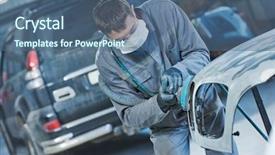  Presentation with auto collision repair - Beautiful presentation design featuring rennovation - auto repairman grinding autobody bonnet backdrop and a ocean colored foreground