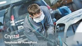  Presentation with auto - Presentation theme having rennovation - auto repairman grinding autobody bonnet background and a  colored foreground