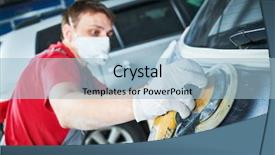  Presentation with auto - Colorful slide set enhanced with rennovation - auto repairman grinding autobody backdrop and a light blue colored foreground
