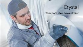  Presentation with collision repair auto - Slide set featuring rennovation - auto repairman plastering autobody bonnet background and a light blue colored foreground