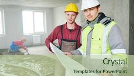  Presentation with foreman - Slides consisting of rennovation - foreman builder and construction worker background and a mint green colored foreground