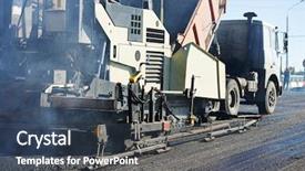  Presentation with dump truck - Cool new slides with rennovation - paver machine laying asphalt fed backdrop and a tawny brown colored foreground