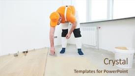  Presentation with wood - Beautiful presentation theme featuring rennovation - worker gluing wood parquet floor backdrop and a  colored foreground