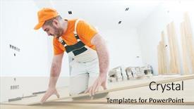  Presentation with floor - Presentation theme featuring rennovation - worker joining parket floor slow background and a  colored foreground