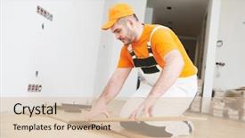  Presentation with new joining - Presentation theme consisting of rennovation - worker joining parquet floor background and a lemonade colored foreground