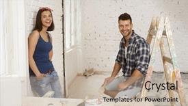  Presentation with house - Slides enhanced with renovation - happy couple renovating house smiling background and a mint green colored foreground