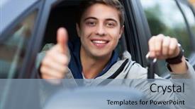  Presentation with sleepy yawning man driving car - Colorful PPT theme enhanced with rent - man doing thumps-up in car backdrop and a light blue colored foreground