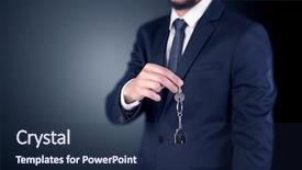  Presentation with keys - Colorful presentation theme enhanced with rent car - young businessman hand over keys backdrop and a navy blue colored foreground