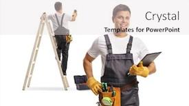  Presentation with drilling machine - PPT theme with reoairman-with-a-tool-belt background and a light gray colored foreground