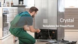  Presentation with refrigerator - Presentation theme enhanced with repair - male technician repairing refrigerator indoors background and a gray colored foreground