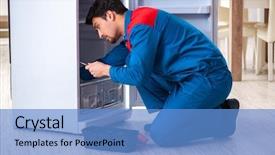  Presentation with fridge - Audience pleasing presentation design consisting of repair - man repairing fridge with customer backdrop and a teal colored foreground