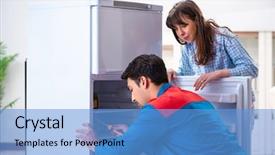  Presentation with fridge - Amazing theme having repair - man repairing fridge with customer backdrop and a teal colored foreground