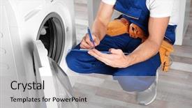  Presentation with plumber - Cool new PPT theme with repair - plumber with clipboard near washing backdrop and a light gray colored foreground