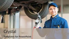  Presentation with mechanic repair - Slide deck featuring repair - portrait of a mechanic replacing background and a mint green colored foreground