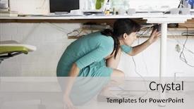  Presentation with under ground cable - PPT theme with laptop repair - side view of young businesswoman background and a light gray colored foreground