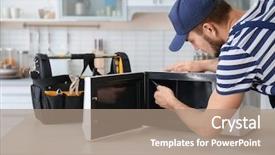  Presentation with young man and a woman - Presentation theme enhanced with repair - young man repairing microwave oven background and a coral colored foreground