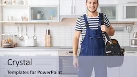  Presentation with bag - Presentation theme with repair - young worker with tool bag background and a light blue colored foreground