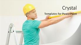  Presentation with spirit - PPT theme featuring repair building and home concept - smiling man in helmet building new home using spirit level to measure background and a blonde colored foreground