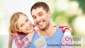  Presentation with paint brush - Audience pleasing PPT layouts consisting of repair building and home concept - smiling couple covered with paint with paint brush backdrop and a light blue colored foreground
