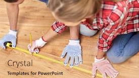  Presentation with flooring - Audience pleasing slide deck consisting of repair building flooring and people concept - happy couple with ruler measuring parquet board at home backdrop and a coral colored foreground