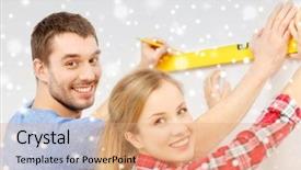  Presentation with spirit - Slides having repair building people and new home concept - smiling couple measuring wall by spirit level background and a coral colored foreground