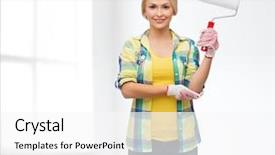  Presentation with paint roller - Audience pleasing presentation design consisting of repair construction and maintenance concept - smiling woman in gloves with paint roller backdrop and a white colored foreground