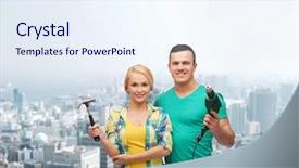  Presentation with maintenance - Presentation theme consisting of repair construction and maintenance concept - smiling couple with hammer and drill over white background background and a sky blue colored foreground