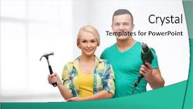  Presentation with maintenance - Theme enhanced with repair construction and maintenance concept - smiling couple with hammer and drill over white background background and a sky blue colored foreground