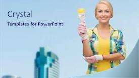  Presentation with maintenance - Audience pleasing slide set consisting of repair construction and maintenance concept - smiling woman with paintbrush backdrop and a light blue colored foreground