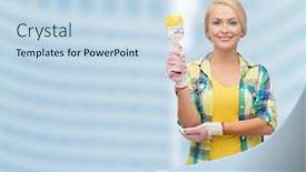 Presentation with maintenance - Audience pleasing presentation design consisting of repair construction and maintenance concept - smiling woman with paintbrush backdrop and a sky blue colored foreground
