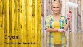  Presentation with paint roller - PPT theme consisting of repair construction and maintenance concept - smiling woman in gloves with paint roller background and a gold colored foreground