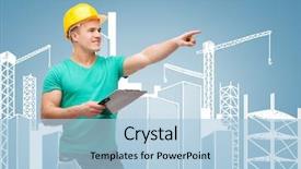  Presentation with maintenance - Slide deck with repair construction and maintenance concept - smiling man in helmet with clipboard pointing finger background and a light blue colored foreground