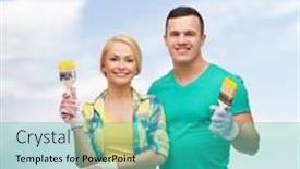  Presentation with maintenance - PPT theme featuring repair construction and maintenance concept - smiling couple with paintbrush background and a teal colored foreground