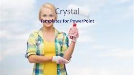  Presentation with paint roller - Amazing PPT layouts having repair construction and maintenance concept - smiling woman in gloves with paint roller backdrop and a sky blue colored foreground