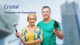  Presentation with maintenance - Beautiful slide deck featuring repair construction and maintenance concept - smiling couple with hammer and drill over white background backdrop and a sky blue colored foreground
