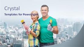  Presentation with maintenance - Presentation with repair construction and maintenance concept - smiling couple with paintbrush background and a sky blue colored foreground