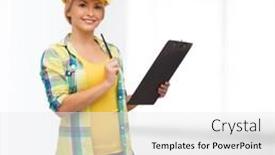  Presentation with maintenance - Presentation consisting of repair construction and maintenance concept - smiling woman in helmet with clipboard background and a white colored foreground