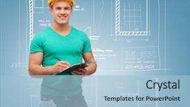  Presentation with maintenance - Colorful presentation enhanced with repair construction and maintenance concept - smiling man in helmet with clipboard backdrop and a light blue colored foreground