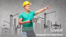  Presentation with maintenance - Presentation theme having repair construction and maintenance concept - smiling man in helmet with construction site on back holding clipboard and pointing finger background and a gray colored foreground