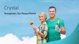  Presentation with maintenance - Presentation design featuring repair construction and maintenance concept - smiling couple with paintbrush background and a light blue colored foreground