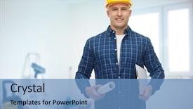  Presentation with construction equipment - Cool new presentation theme with repair construction building people and maintenance concept - smiling male builder or manual worker in helmet with blueprint and clipboard over room with work equipment background backdrop and a teal colored foreground