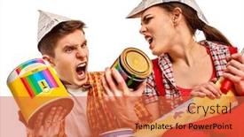  Presentation with home renovation - Slide set with repair family by aggressive couple building home quarrel family because of renovation in new apartment mad woman and man in newspaper cap renovation apartment by painting tools background and a red colored foreground