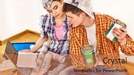  Presentation with newspaper laptop - Presentation design featuring repair family by happy couple background and a coral colored foreground